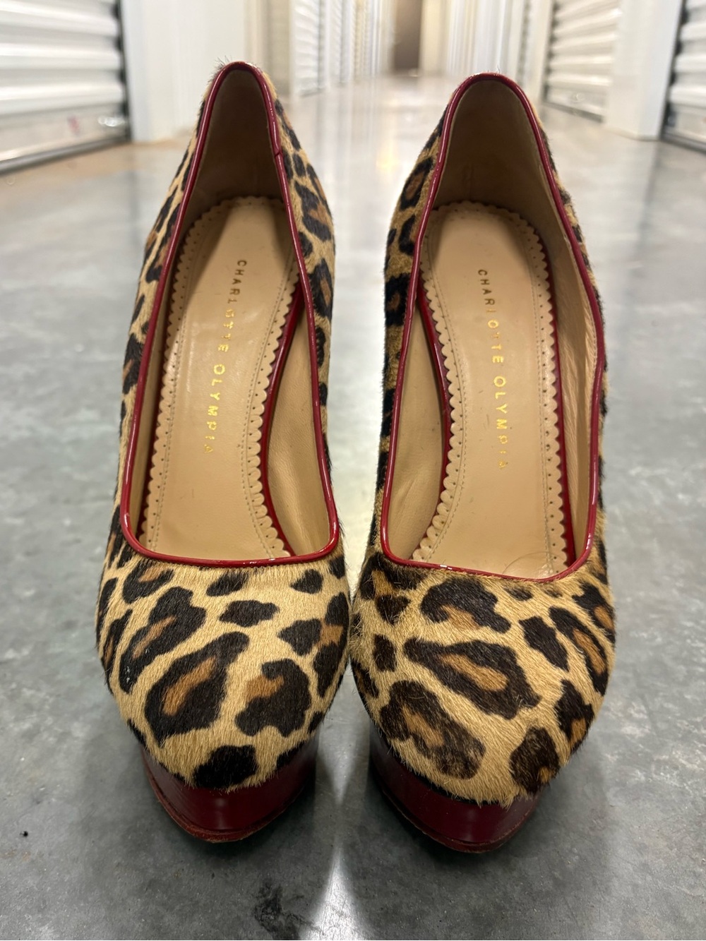 Charlotte Olympia “Polly” Leopard Calf Hair Platform Pumps Red Patent US 9.5